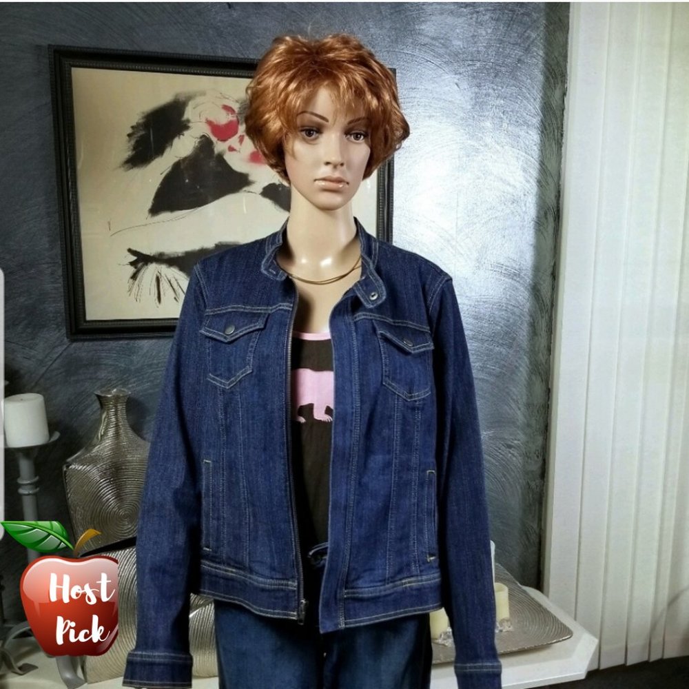 🍎HP🍎CHRISTOPHER & BANKS MOTO DENIM JACKET P/XL - Picture 1 of 8